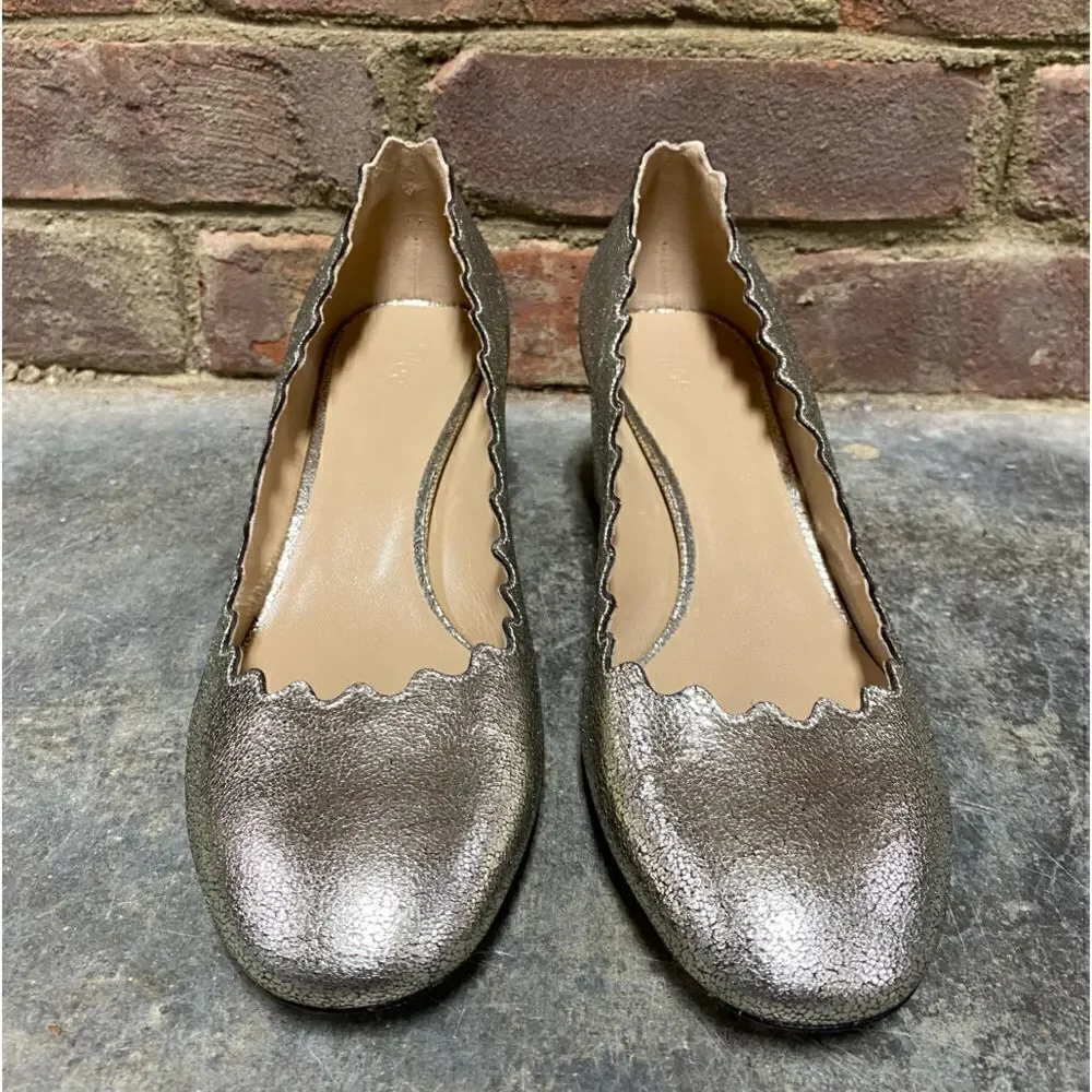 Chloe Glittery Metallic Gold Scalloped Leather Block Heel Size 7.5 NEW